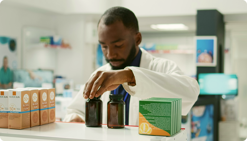 Greek pharmacist filling foreign prescription