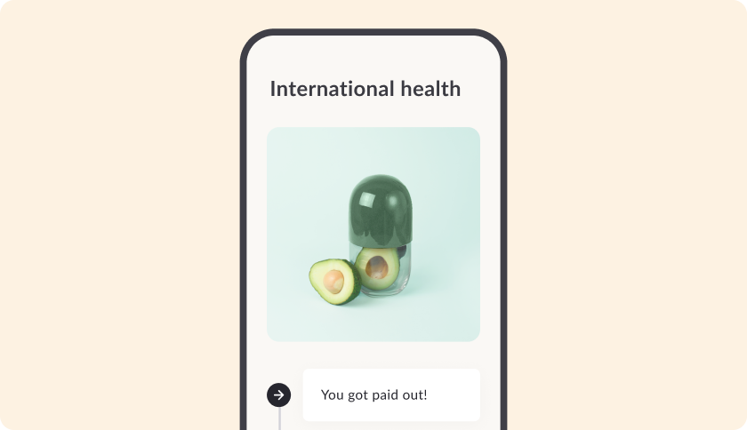 Feather app screen showing the international health product page. The tags read "You got paid out!".