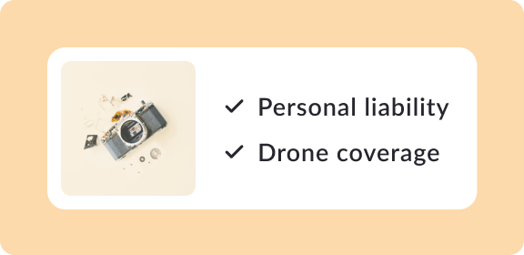 A graphic showing the personal liability product card with checkmarks next to 2 coverage groups: Personal liability coverage and Drone coverage
