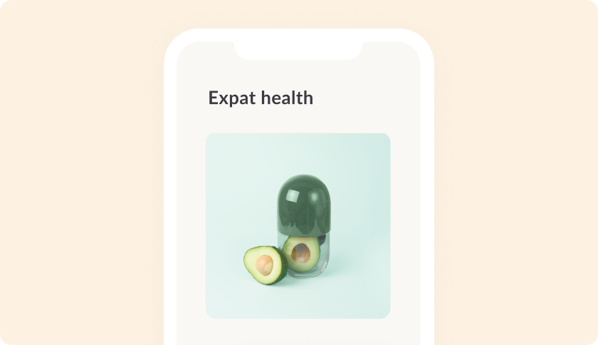 Feather app screen showing the expat health product available in France.