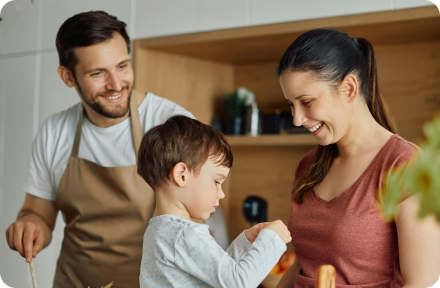 Expat family in kitchen in Greece