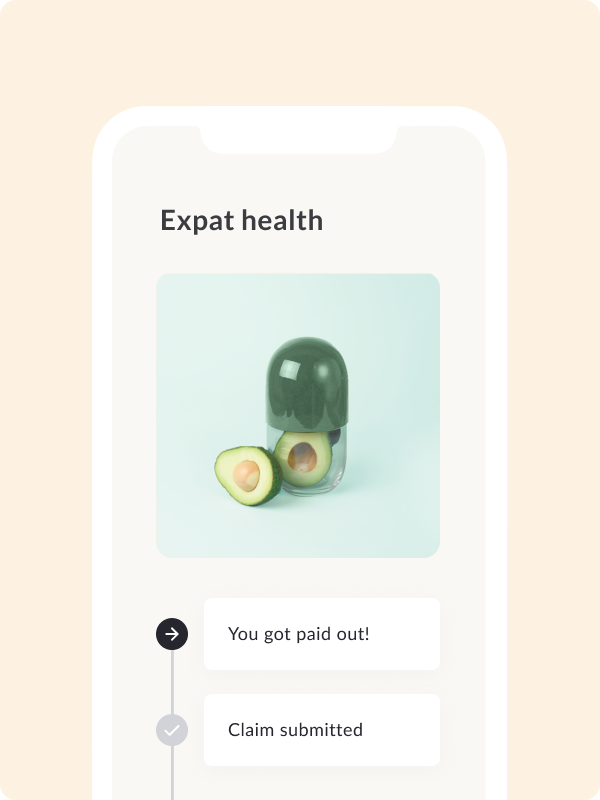 Feather app screen showing the expat health product page in Greece.