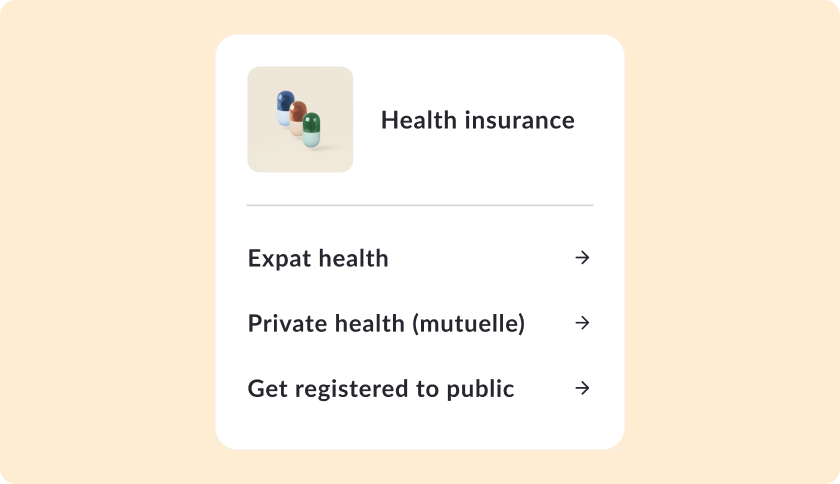 An UI element listing health insurance products for expats in France incl. Expat health, Private health (mutuelle) and Public health