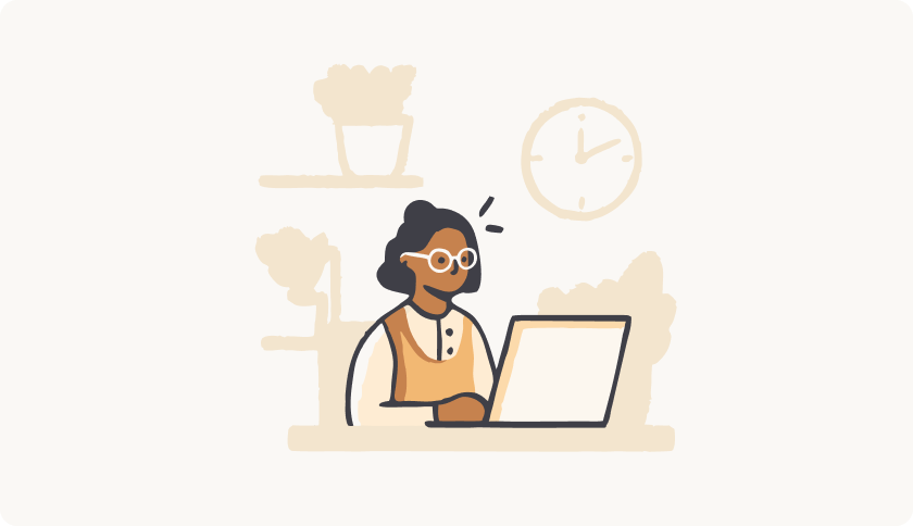 An illustration of a woman working on her computer and trying to meet a deadline.