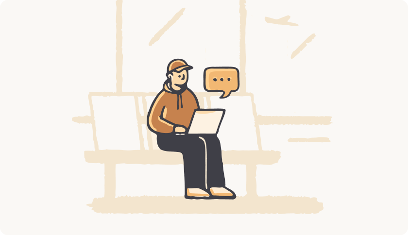 An illustration of a man working at he airport on a laptop.