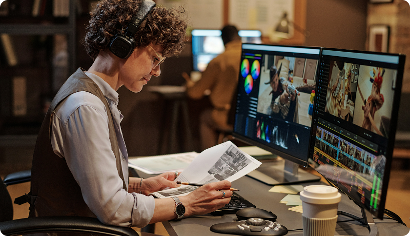 A woman working at her desk, in front of a computer screen, editing a video.